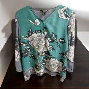 Citron Santa Monica Teal Silk‎ Floral Print Kimono Inspired Blouse